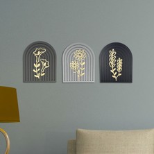 Gold Çiçek Detaylı Ahşap Gökküşağı Duvar Tablo Seti – Siyah Beyaz Gri 70X25 cm Dekoratif Set