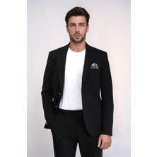 Siyah Kendinden Desenli Örme Altın Renk Metal Düğmeli Slim Fit Erkek Blazer Ceket - Wessi
