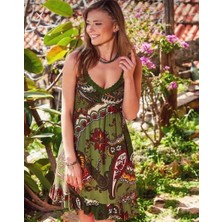 Otantik Desenli Dantel Yaka Fırfırlı Yeşil Elbise