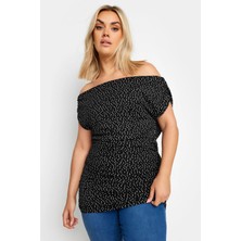 Büyük Beden Düşük Omuz Kolları Drapeli Puantiye Desenli Bluz 303353