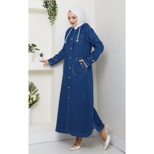 Harma Time Butik Kadın Cepli Düğmeli Kapüşonlu Denim Koyu Mavi Trençkot