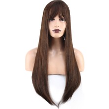 Al-Kar Ticaret Düz Perçemli Uzun Fiber Sentetik Peruk / Kahve Karamel