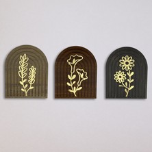 Gold Çiçek Detaylı Ahşap Gökküşağı Duvar Tablo Seti – 70X25 cm Dekoratif Ev Ofis Süsleme