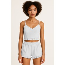Pamuklu Iğne Çıkarmalı Ince Askılı Crop Atlet Paçası Fırfırlı Şort Kadın Pijama Takımı