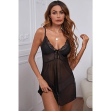 Ayça Kadın Siyah V Yaka Dantel Detaylı Tül Gecelik