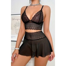 Kadın Siyah Dantel ve Tül Detaylı Etekli Şık Gecelik Takımı