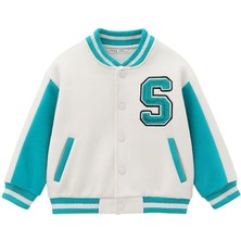 Unisex Çocuk Pamuklu Beyaz Turkuaz Kolej Ceket - Harf Aplikeli Bomber Mont