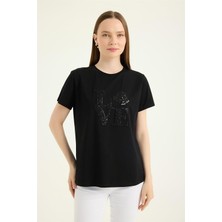 Payetli Gül Motifli Tshirt