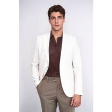 Ekru Çizgili Keten Dokulu Gold Renk Metal Düğmeli Slim Fit Erkek Blazer Ceket – Wessi