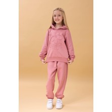 Kız Çocuk Kapüşonlu Çiçek Aplikeli Alt Üst Mevsimlik Takım – Gül Kurusu