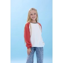 Kız Çocuk Bisiklet Yaka Renkli Basic Oversize Mevsimlik Kreş Sweatshirt - Ekru/kiremit