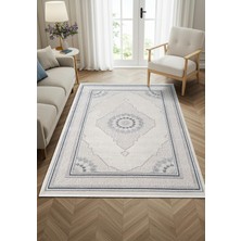 Feel FL008M Krem Halı Klasik Desen Mavi Çerçeveli Akrilik Tozu Az Salon Halısı Yatak Odası Koridor