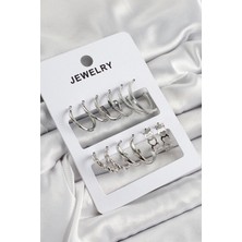 Pirinç Karışık Halka Model Gümüş Renk 6 Çift Kadın Küpe Set