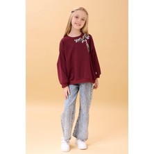 Kız Çocuk Zürafa Nakışlı Mevsimlik Oversize Sweatshirt – Bordo