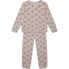 Antebies Bej Panda Desenli Bambu Kumaş Beli Lastikli Uzun Kollu Erkek Çocuk Pijama Takımı