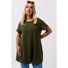 Büyük Beden Bisiklet Yaka Kısa Kollu Dokulu Uzun T-Shirt 304001