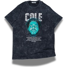 Unisex Cole Yazılı Yıkamalı T-Shirt, Oversize Cole Rap Temalı Vintage Tişört