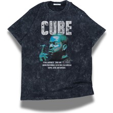 Unisex Cube Yazılı Yıkamalı T-Shirt, Oversize Rapper Ice Cube Temalı Vintage Tişört