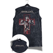 Metallica Artı Members Sırt Baskılı Yıkamalı Kolsuz Tişört, Unisex Rock Band Temalı Sıfır Kol Atlet