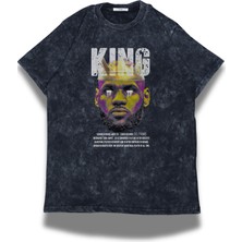 Unisex King Yazılı Yıkamalı T-Shirt, Oversize Basketçi Lebron James Temalı Retro Tişört