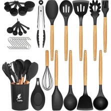Mikla Isıya Dayanıklı Yanmaz Yapışmaz 33 Parça Silikon Spatula Mutfak Seti Siyah