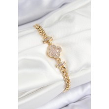 Pirinç Zirkon Taşlı Yonca Model Gold Renk Kadın Bileklik