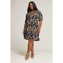 Büyük Beden V Yaka Kısa Kollu Çiçek Desenli Mini Elbise 304076