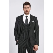 Çizgili Kruvaze Düğme Detaylı Yelekli Siyah Erkek Takım Elbise - Wessi