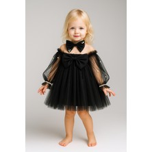 Kız Çocuk Siyah Tül Fiyonk ve Inci Detaylı  Elbise
