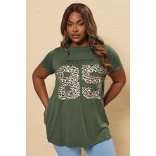 Büyük Beden Bisiklet Yaka Kısa Kollu Baskılı T-Shirt 304172