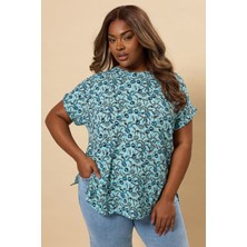 Büyük Beden Kısa Kollu Bisiklet Yaka Çini Desenli T-Shirt 304190