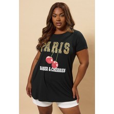 Büyük Beden Bisiklet Yaka Kısa Kollu Baskılı T-Shirt 304176