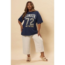 Büyük Beden Kısa Kollu Bisiklet Yaka Metalik Baskılı T-Shirt 304180