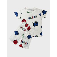 Erkek Çocuk Pamuklu Beyaz Küp Desenli Kısa Kollu Şortlu Yazlık Pijama Takımı