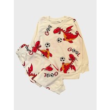 Erkek Çocuk Pamuklu Şardonlu Beyaz Kırmızı Dinozor Futbol Topu Desenli Uzun Kollu Pijama Takımı