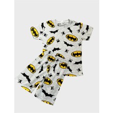Erkek Çocuk Pamuklu Gri Batman Desenli Kısa Kollu Şortlu Yazlık Pijama Takımı