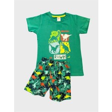 Erkek Çocuk %100 Pamuklu Yeşil Dinozor Desenli Kısa Kollu Şortlu Yazlık Pijama Takımı