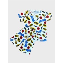 Erkek Çocuk Pamuklu Beyaz Batman Desenli Kısa Kollu Şortlu Yazlık Pijama Takımı