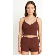 Pamuklu Iğne Çıkarmalı Ince Askılı Crop Atlet Paçası Fırfırlı Şort Kadın Pijama Takımı