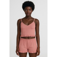 Pamuklu Iğne Çıkarmalı Ince Askılı Crop Atlet Paçası Fırfırlı Şort Kadın Pijama Takımı