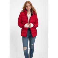 Kadın Kapüşonlu Polarlı Kürklü Su Geçirmez Rüzgara Dayanıklı Şişme Mont Kaban Parka