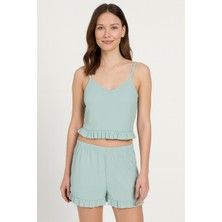 Pamuklu Iğne Çıkarmalı Ince Askılı Crop Atlet Paçası Fırfırlı Şort Kadın Pijama Takımı
