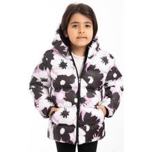 Kız Çocuk Çiçek Desen Polar Su ve Rüzgar Geçirmez Kapüşonlu Cepli Şişme Kışlık Mont