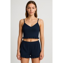 Pamuklu Iğne Çıkarmalı Ince Askılı Crop Atlet Paçası Fırfırlı Şort Kadın Pijama Takımı