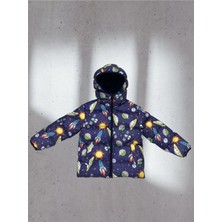 Kız Çocuk Polarlı Kapüşonlu Ufo Desenli Kışlık Şişme Mont & Kaban & Parka