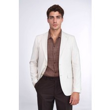 Krem Çizgili Keten Dokulu Gold Renk Metal Düğmeli Slim Fit Erkek Blazer Ceket – Wessi
