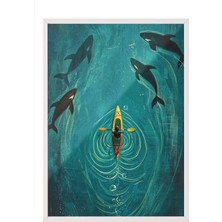 Beyaz Çerçeveli Tablo, Dalgalar Arasında Kano ve Yunuslar, Salon Dekoru Poster No: 110924