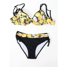Kadın Sarı Siyah Limon Desenli Ip Askılı Yüksek Bel Bikini Takım HZL24S-LC3348