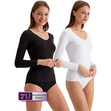 2'li Ekonomik Paket Siyah-Beyaz 1029 Dantelli V Yaka Basic Pamuklu Uzun Kollu T-Shirt / Atlet Set