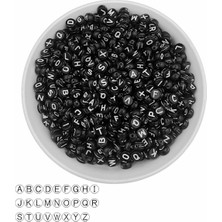 50GR Harf Boncuk - 4X7MM Yassı Siyah Zemin Üzeri Beyaz Harf Boncuk ( 50GR,~375 Adet)